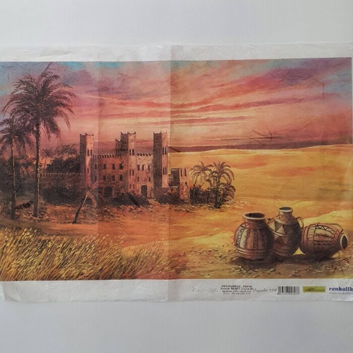 Rižin papir za decoupage s motivom pustinjskog dvorca i palmi