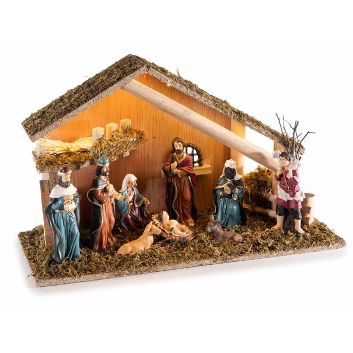 Jaslice drvene sa figuricama i LED svjetlom 39x15x23 cm