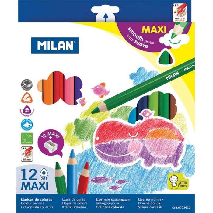 Drvene bojice trokutaste i šiljilo Milan Maxi 12 komada Drvene bojice trokutaste i šiljilo Milan Maxi 12 komada
