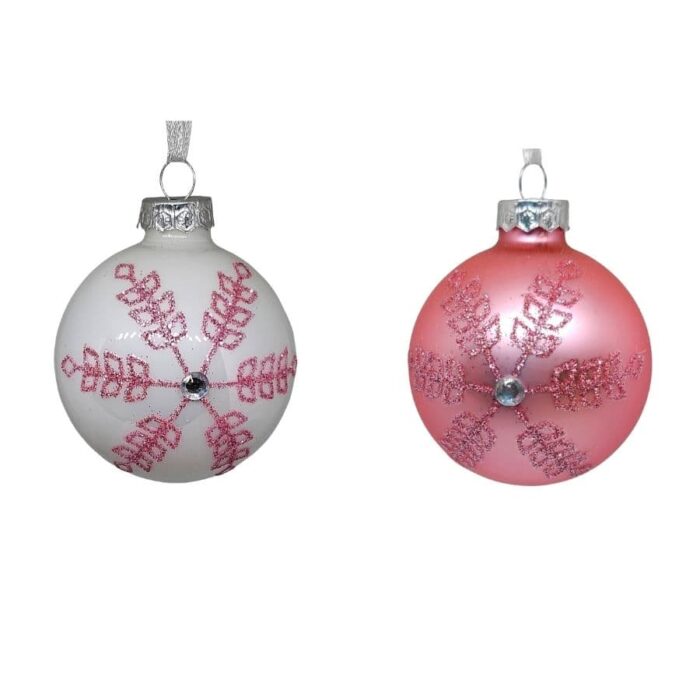 Staklene kuglice za bor u roza ili srebrnoj boji s pahuljama i cirkonima