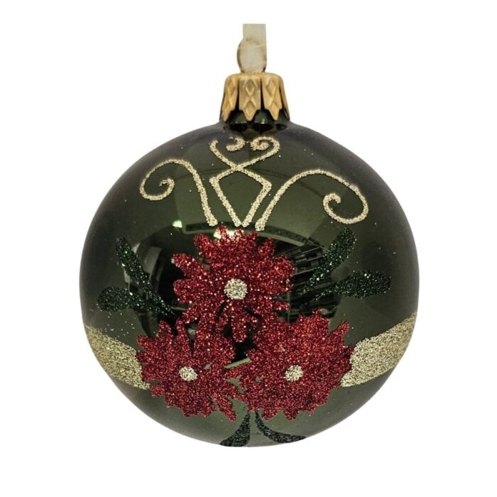Staklena kuglica za bor sjajno zelena s glitterom, 8 cm