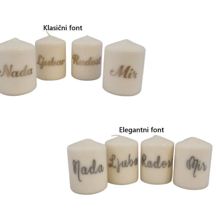 Adventske svijeće s natpisom Nada-Ljubav-Radost-Mir