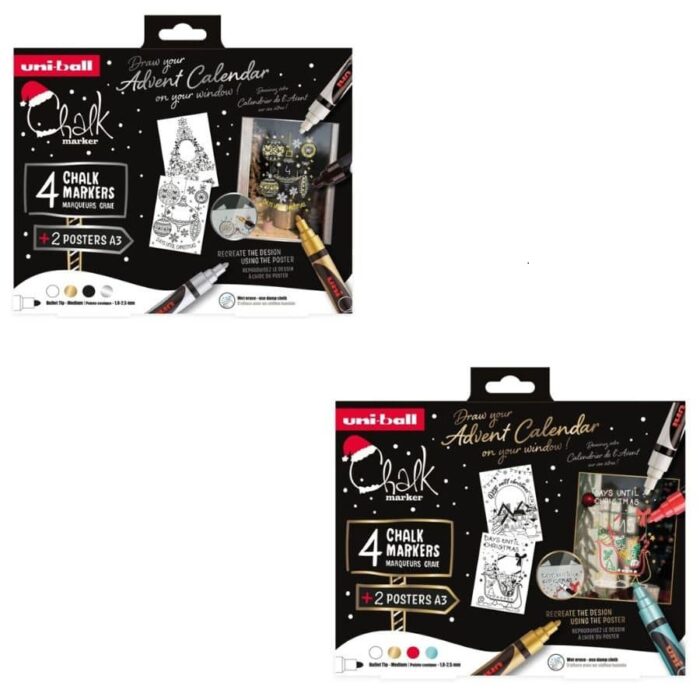 Uni Chalk Markeri Božićni Gift Set - 4 markera + 2 šablone