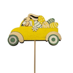 Dekorativni drveni zeko u autu na štapiću 9x5.5 cm