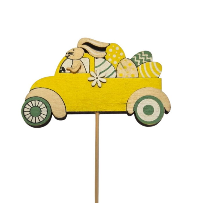 Dekorativni drveni zeko u autu na štapiću 9x5.5 cm