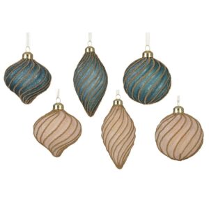 Mat staklene kuglice za bor u petrolej plavoj i puderasto ružičastoj boji sa zlatnim spiralnim prugama